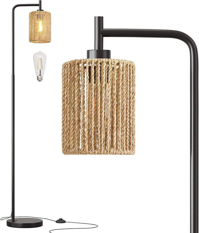 Oneach 66" Black Floor Lamp for Living Room, Boho Floor Lamp with LED Bulb, Rattan Shade, Foot Switch, Industrial Tall Standing Lamp for Bedroom, Dining Room, Study Room, Office