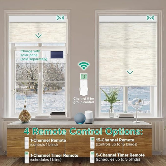 Motorized Roller Shades, Light Filtering Remote Control Custom Window Shades Work with Alexa Google Assistant via RF Hub, Rechargeable Electric Blinds for Windows (Texture Light Coffee)