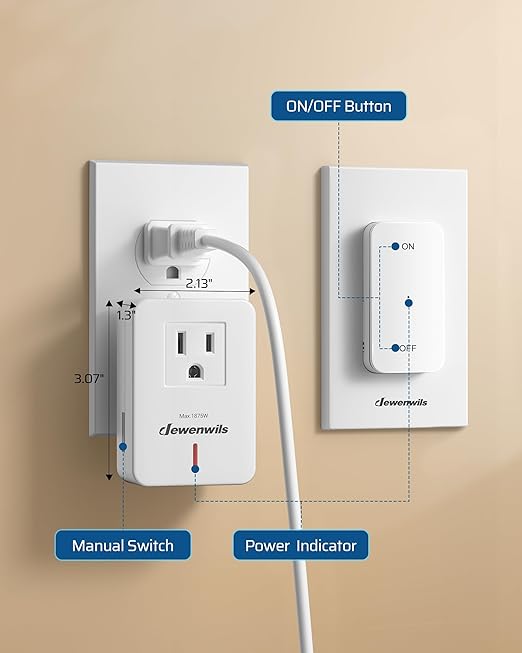 DEWENWILS Remote Control Outlet with Magnetic Base, 100 FT RF Signal Wireless Outlet, Wireless Light Switch, 15A/1875W Remote Outlet Switch for Lamps, Fans, Household Appliance