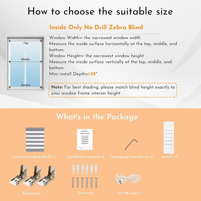 Persilux No Drill No Tools Smart Zebra Blinds, Dual Layer Privacy for Day and Night, Automatic Zebra Drilless Blackout Shades for Windows, Thermal Insulated,Custom Sizes,Bella Light Gray, RS20288-7