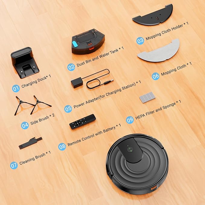 Robot Vacuum and Mop Combo, Robotic Vacuum Cleaner 5000Pa Strong Suction 130 Mins Runtime, Slim, Low Noise, Automatic Self-Charging, Wi-Fi/App/Alexa Control, Ideal for Hard Floor/Low-Pile Carpet