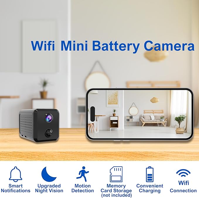 Wireless Mini Security Camera FKJ-WiFi, Remoted App Viewing, Long time Standby Battery Camera for Home, 2K Live View, Portable,Indoor with Auto Night Vision & Real-time Motion Alerts