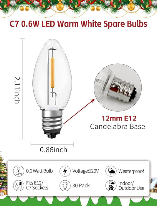30-Pack C7 LED Replacement Christmas Light Bulbs, Shatterproof Warm White Bulbs for Outdoor String Lights, 0.6W Energy Saving, E12 Candelabra Base, Commercial Grade Holiday Lights