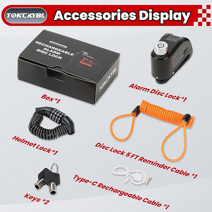 Rechargeable Motorcycle Disc Lock with 120dB Alarm, 5FT Reminder Cable with Anti-Theft Helmet Lock Cable, IP67 Waterproof, Universal Fit for Motorcycle Bike Scooter Ebike