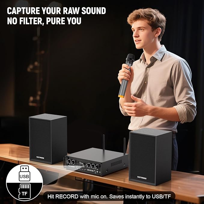 Home Karaoke System with Wireless Microphones & Speakers, Bluetooth Amplifier Set for Family Parties & Home Entertainment