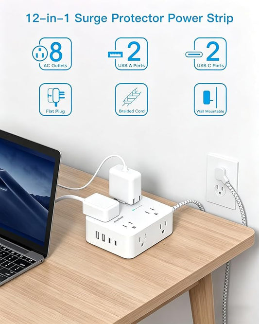Extension Cord 25 Ft, One Beat Surge Protector Power Strip 25 Ft Long Cord, 8 AC Outlets with 4 USB Ports(2 USB C), White Power Strip for Home Office College Dorm Room, Desk Essentials