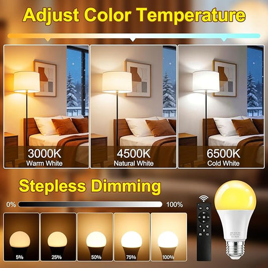 SCNNC A19 LED Remote Control Light Bulbs, 700LM 9W, 60 Watt Equivalent, 3000K-6500K Stepless Dimmable Warm Light Bulbs, E26/E27 Base,100V-240V AC, CRI 80+, 30000+ Hours Lifespan (1 Remote, 2 Bulb)