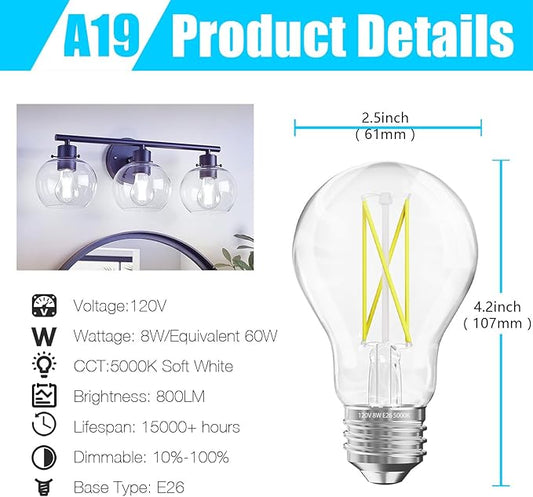 DAYBETTER 24 Pack A19 Vintage LED Edison Bulbs, 60W Equivalent Dimmable LED Bulbs, High Brightness 5000K Daylight, 800 Lumens, 8W E26 Standard Base, Ultra-Bright, CRI80+, Clear Glass Filament Bulb