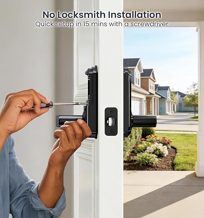 Veise VE019 Fingerprint Smart Lever Lock, App Control, Keyless Entry Door Lock with Handle, Touchscreen Keypad Knob for Front Door and Bedroom, Remote Access Sharing, IP55 Waterproof, Matte Black