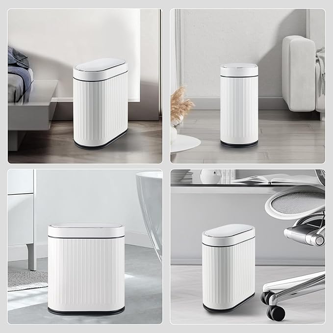 ELPHECO Bathroom Trash Can 2 Gallon Plastic Smart Garbage Can Waterproof Wastebasket Bathroom Decor Narrow Garbage Bin with Automatic lid for Bedroom, Kitchen, Office, White Black