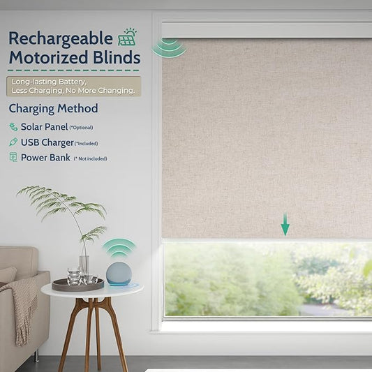Motorized Blinds with Remote, Blackout Rechargeable Automatic Roller Shades, Cordless Smart Blinds Compatible with Alexa, Custom Blind for Indoor Windows, Linen Stone