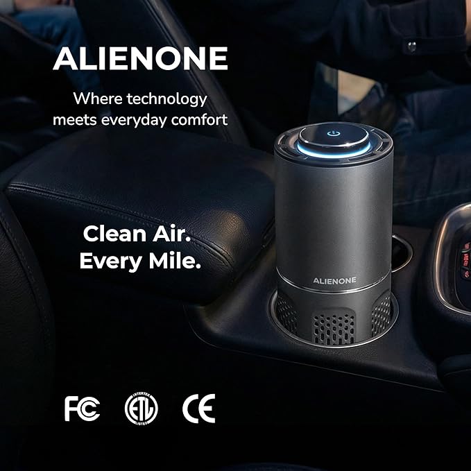 ALIENONE AP-C2-D Car Air Purifier, Portable Personal Mini Unit for Car Home Office Bedroom Desk Travel RV Camping, Compact Quiet Design, 360° Airflow for Small Spaces