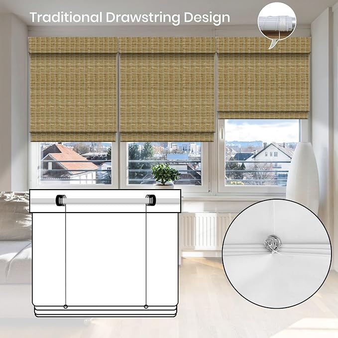 Motorized Roman Shades with Remote,Wooden Blinds Compatible with Alexa/Google/Apple Homekit,Natural Woven Wood Blinds,Electric Blinds Customized Size,Crocheting Mixture