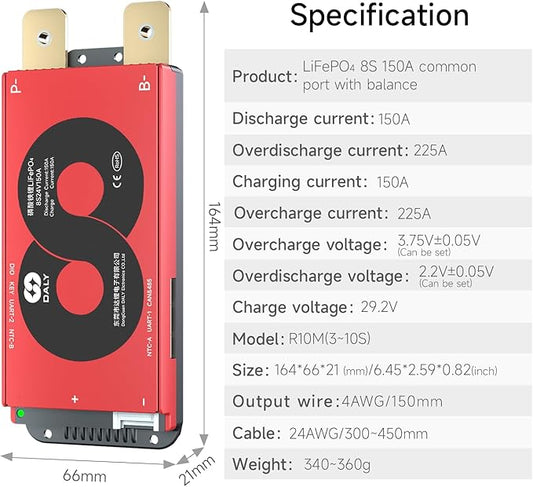 DALY Smart BMS 4S-16S 40A-500A with WiFi Module and CAN 485 Communication Protection Board for LifePO4 Lithium Battery Pack (Smart BMS 8S 24V,150A)