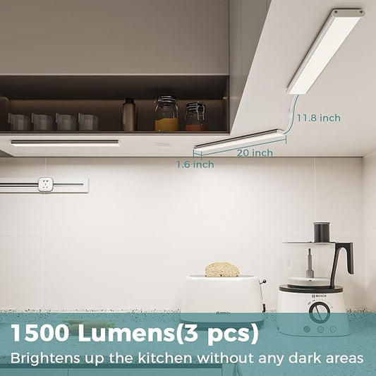 ASOKO Under Cabinet Led Light Plug in, Dimmable Daylight White 4000K, 3 Pack 12 inch Linkable Under Counter Lights 1500lm for Kitchen, Shelf, Workbench, Cupboard, Upgrade ETL Listed Plug 24V