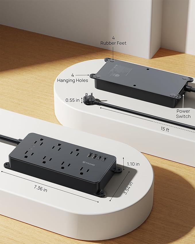 TROND Surge Protector Power Strip, Flat Plug 15ft Long Extension Cord, 7 Widely-Spaced Outlets with 4 USB Ports, ETL Listed, 1700J, Wall Mountable, for Home Office Garage, Black