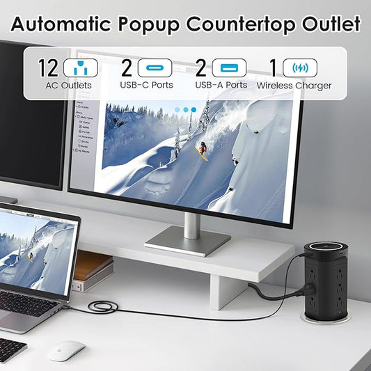 4-inch Pop Up Outlet for Countertop with 45W USB,17-in-1 Desktop Power Strip with 15W Wireless Charger,12 Outlets 4 USB Ports,15Amp Tamper Resistant Receptacle for Home Office Kitchen Black