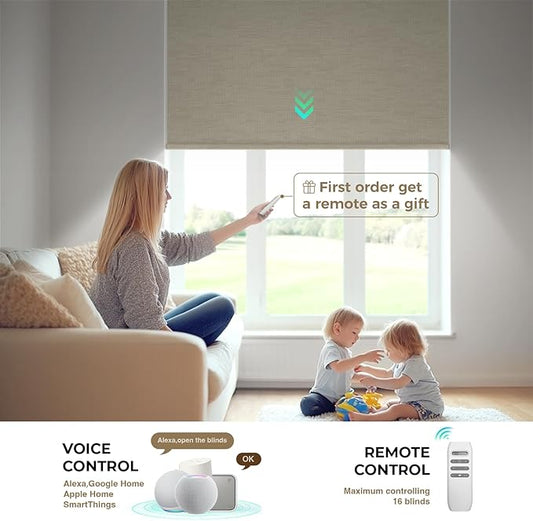 HeyBlinds Motorized Blinds with Remote, 100% Blackout Smart Blinds, Automatic Shades for Windows Compatible with Alexa Google and Homekit, Custom Size(Moon River-Sand Bo)
