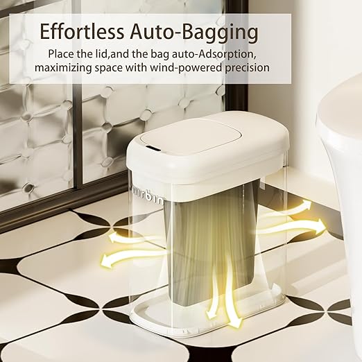 MRBIN Motion Sensor Adsorption Bag Bathroom Trash Can with Lid and Wheels, 10L/2.6gal Automatic Waste Basket Slim Electric Metal Garbage Bin for Office, Bedroom, Rv, Cream White