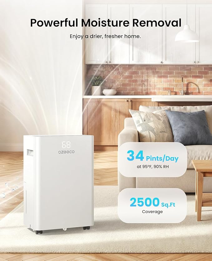 Dehumidifier for Basement up to 2500 Sq.Ft, ozeeco Home Dehumidifier Max 34 Pint/Day, with 0.45 Gal Water Tank, Drain Hose, Ultra Quiet, Child Lock, 24H Timer for Bedroom, Bathroom, RV