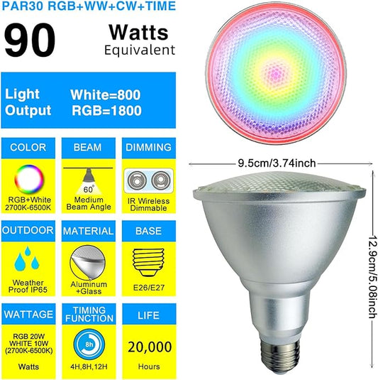 2 Pack,PAR30 RGBWCT LED Bulbs,RGB+Warm+Cool White(2700K-6500K)+Timing, LED Flood Light,Indoor/Outdoor,IR Remote Control, Waterproof Lawn Lamp for Home Courtyard Christmas Party Decoration