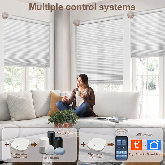 Godark Motorized Light Filtering Cellular Shades Compatible with Alexa/Google Home Electric Blinds Smart Honeycomb Shades for Windows Automatic Blinds with Remote Custom Size-White