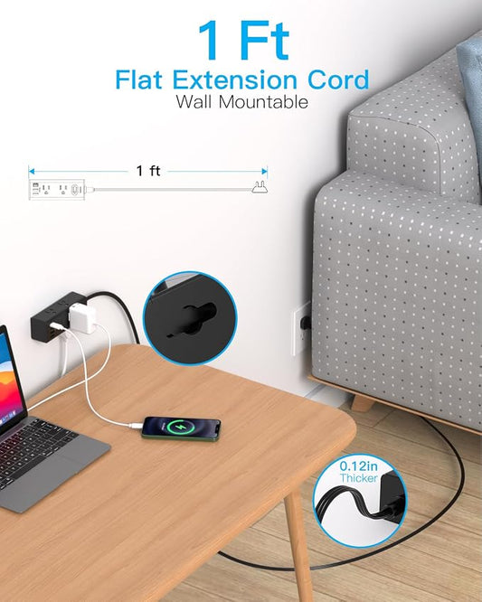 1Ft Extension Cord with Multiple Outlets, Flat Plug Power Strip Surge Protector with 1 Ft Cord, 6 Outlet 4 USB Ports (2 USB C), Multi Outlet Wall Plug for Travel, College, Dorm Room Essentials(Black)