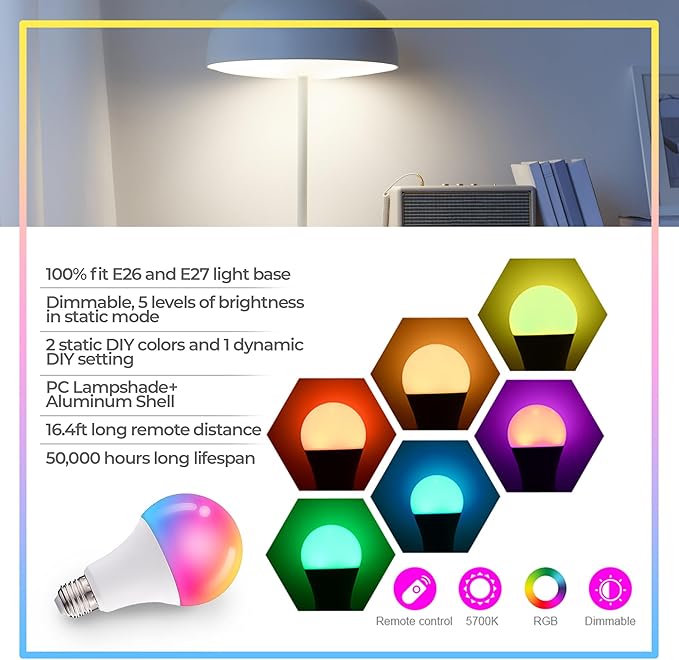 Droiee Dimmable E26 Warm LED Light Bulb, 6W RGBW Color 500LM with 16 Color Changing Modes for Christmas, Party etc with Remote Control 2 Pack, White, Dr-2024