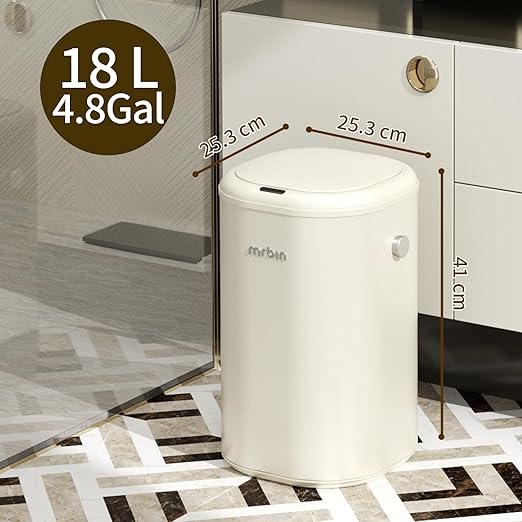 MRBIN Adsorption Metal Kitchen Motion Sensor Trash Can Removable, 18L / 4.8gal Automatic Absorbing Bag Lidded Garbage Bin with Wheels, Commercial Waste Basket for Office and Bedroom, Bathroom, White