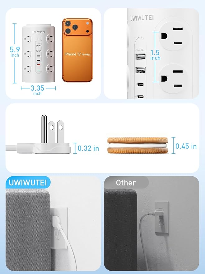 Tower Power Strip with Night Light,PD20W USB C Power Strip Tower with Multiple Outlets, 12 Outlets,5 USB Ports (3 USB-C), 6FT Extension Cord Desk Charging Station for Home,Office,Dorm Essentials,White