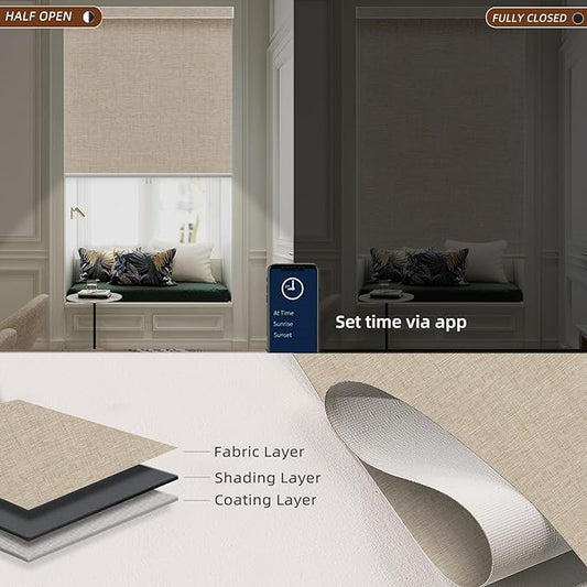 Motorized Blinds Roller Shade with Remote: Canisteo Automatic Smart Blind for Windows 100% Blackout, Electric Blinds Compatible with Alexa/Google Home/Apple Homekit, Customized Size,Linen Caramel
