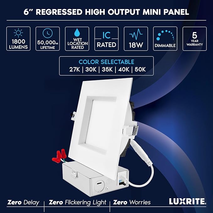 LUXRITE 6 Inch Square LED Recessed Ceiling Light with Junction Box, 18W, 5CCT Selectable 2700K/3000K/3500K/4000K/5000K, 1800LM High Brightness, Dimmable Canless Downlight, Wet Rated, IC Rated, ETL
