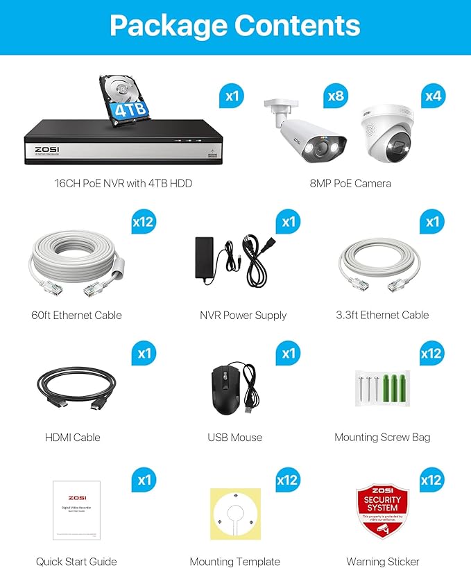 ZOSI 4K Security Camera System, 12X 8MP PoE IP Camera for Outdoor Monitoring with Smart Person Detection, Spotlight Alarm, Color Night Vision, 16CH 4TB HDD NVR for 24/7 Video and Audio Surveillance