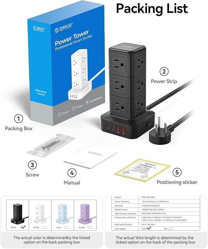 ORICO Tower Power Strip with Surge Protection, Charging Station Tower with 12 AC Outlets 4 USB Ports (2 USB C), Space Saving Design, 5FT Tower Extension Cord for Home, Office, Dorm - TPP20