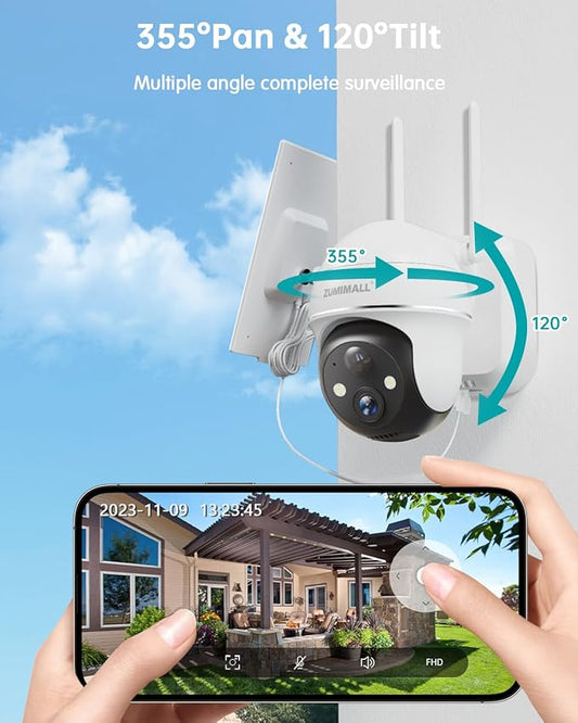 ZUMIMALL Solar Security Cameras Wireless Outdoor, 360° View Outdoor Camera Wireless Solar Powered,2.4G WiFi,2K/3MP Color Night Vision,2-Way Talk, PIR Motion Alert, Cloud Storage, Work with Alexa