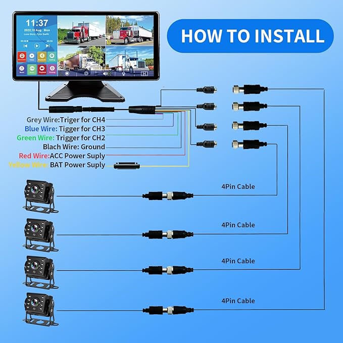 10.36'' 4K RV Backup Camera System with 4 1080P Cameras, Built-in DVR Loop Recording, Bluetooth MP5, Night Vision, IP69 Waterproof for Truck Trailer Camper