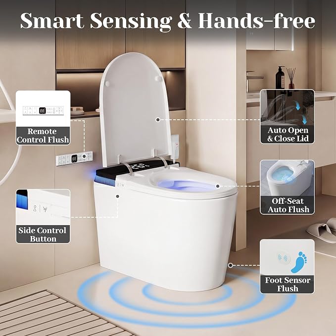 Luxury Smart Toilet with Bidet, Elongated One Piece Toilet with Heated Seat, Dryer, Auto Flush/Lid&Seat, Child Mode, Electric Tankless Toilets for Bathroom with Siphon Flush 1.28 GPF, MAP 1000g