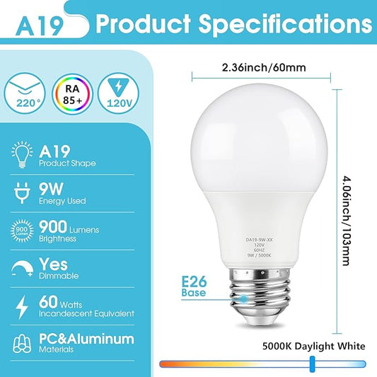 Maylaywood A19 LED Light Bulb, 60 Watt Equivalent, 5000K Daylight White, 900LM, E26 Base, Dimmable, 9W Bright White, 24-Pack