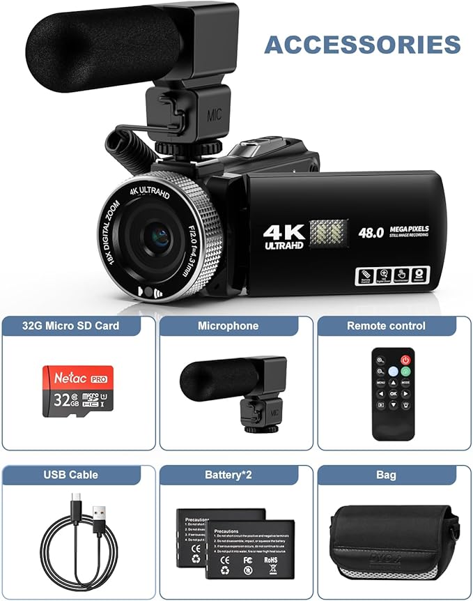 Video Camera Camcorder Full HD 4K 48MP Vlogging Camera for YouTube Digital Camera Recorder Video Camera for Filming with 3.0" Touch Screen,2 Batteries and 32G SD Card