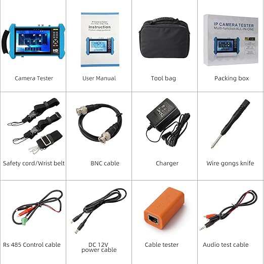 Koolertron 7" IPS Touch Screen 4K H.265 IP Camera Tester - POE/WiFi, CVBS Analog Tester, HDMI Output, RJ45 TDR, 8GB TF Card, Dual Window Test, Firmware Upgrade