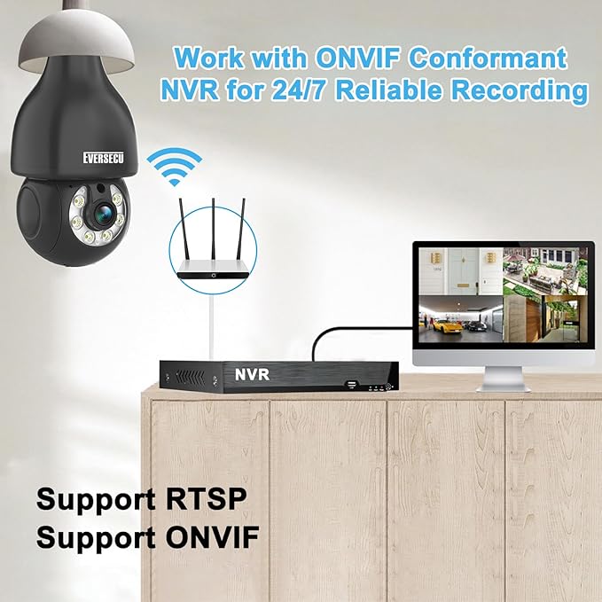 EVERSECU HD 2K 3.0MP Wireless Light Bulb Security Camera with E27 Light Connector, Motion Auto Tracking, 2 Way Audio, Spotlight Night Vision, Free APP, WiFi Screw-in CCTV Camera, Black(4pack)