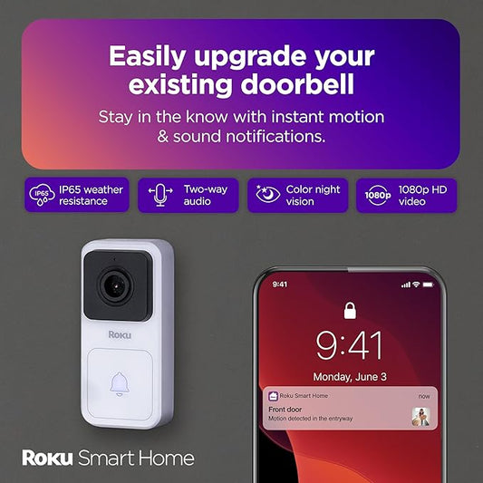 Roku Smart Home Wired Video Doorbell & Chime - 1080p HD Night Vision Ultrawide View Doorbell Camera with Motion & Sound Detection, 2-Way Audio & Compatible with Alexa & Google (Renewed)