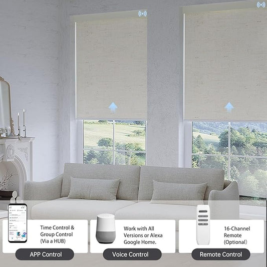 Motorized Blinds with Remote, Blackout Smart Blinds for Windows Automatic Roller Shades Compatible with Alexa, Motorized Shades Customized for Bedroom Home Office (Blackout-Line White)