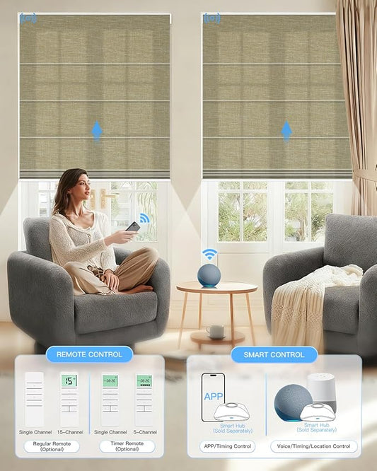 Motorized Roman Shades for Windows, Custom Light Filtering Roman Blinds with Remote, Smart Privacy Window Shades for Living Room Kitchen Office, Alexa & Google Home Compatible, App Control via RF Hub