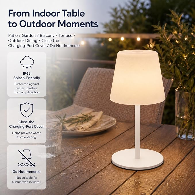 IP65 Waterproof Shower Lamp, Cordless Rechargeable Table Lamp, White | 4000mAh Battery Operated Lamp, Spa-Like Glow for Showers, Vanity, Bedside and Patios; 3 Color Temperatures, Touch Dimming