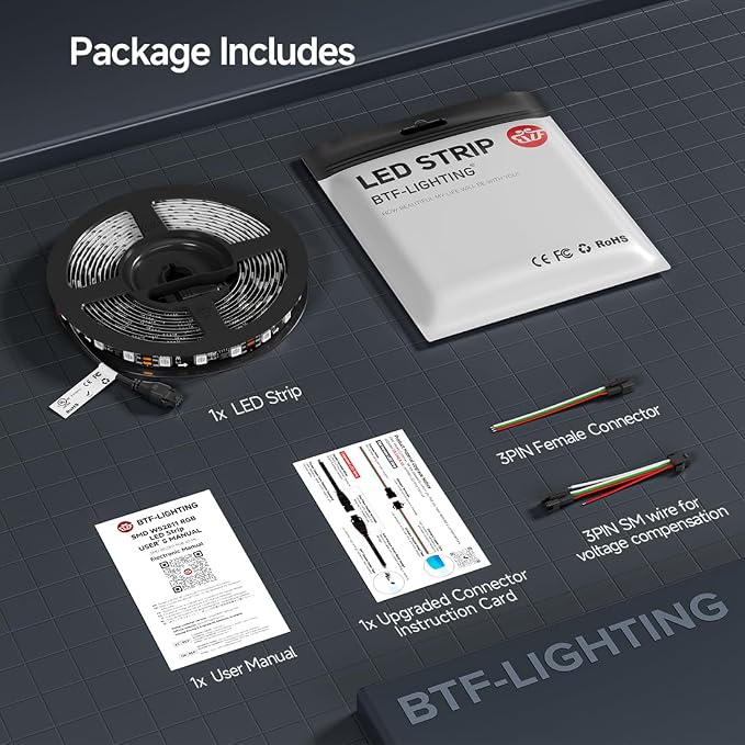 BTF-LIGHTING WS2811 Addressable RGB LED Strip 16.4FT 300LED DC12V IP30 | 100Pixels IC=RGB+IC UL Listed Black PCB Flexible Chasing Effect for Indoor Home Decor,3M Tape(No Adapter or Controller)