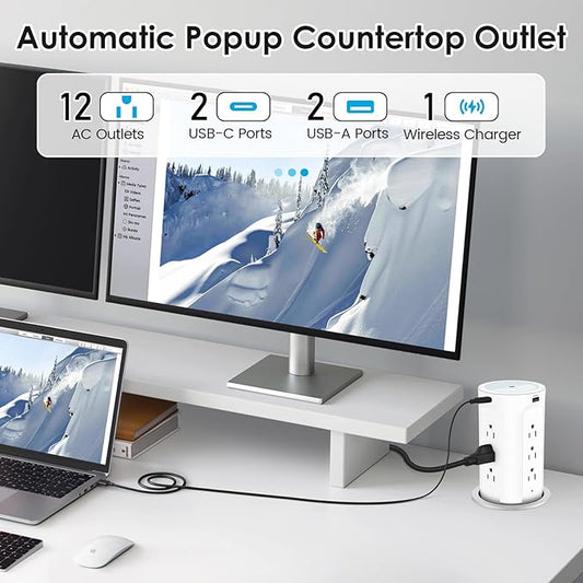 4-inch Pop Up Outlet for Countertop with 45W USB,17-in-1 Desktop Power Strip with 15W Wireless Charger,12 Outlets 4 USB Ports,15Amp Tamper Resistant Receptacle for Home Office Kitchen White