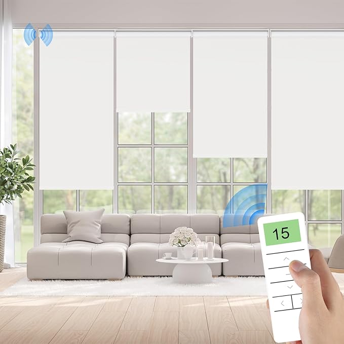 Motorized Blinds with Remote Control, Smart Blackout Automatic Blinds Work with Homekit Alexa Google Home, Rechargeable Electric Window Roller Shades with Valance, Customized Size (Vinyl White)