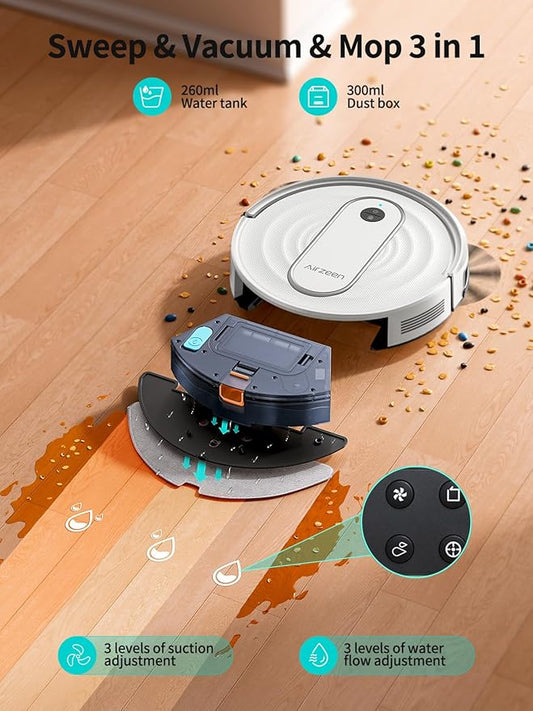Airzeen Robot Vacuum and Mop - 4000Pa Powerful Suction, APP/Alexa Control, 3-in-1 Cleaning Solution with Auto Self-Charging, Perfect for Pet Hair, Carpets, and Hard Floors