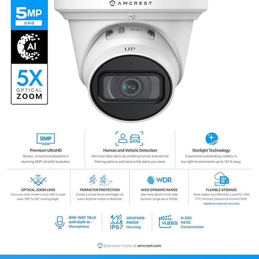 Amcrest 5MP Optical Zoom AI IP PoE Camera, Varifocal Outdoor IP POE Camera Turret, Human & Vehicle Detection, 2.7mm~13.5mm Lens, IP67, 5X Optical Zoom, (IP5M-VT1289EW-AI)